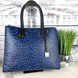 MICHAEL KORS STUDIO BLUE BLACK HAND BAG MERCER LEOPARD LEATHER TOTE PURSE XBODY
